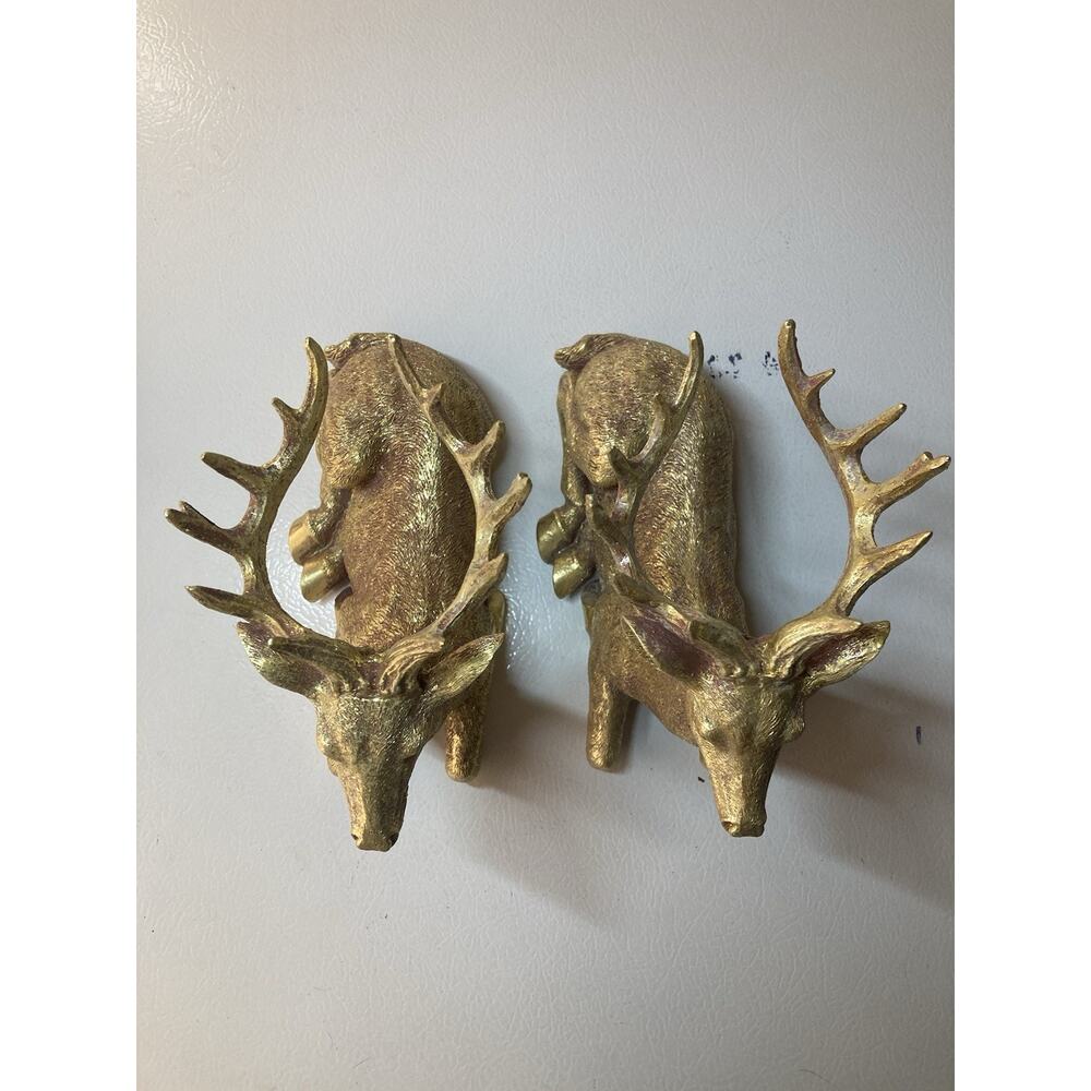 Gold Tone Deer Statue Fireplace Mantel Decor Pair - Picture 5 of 7